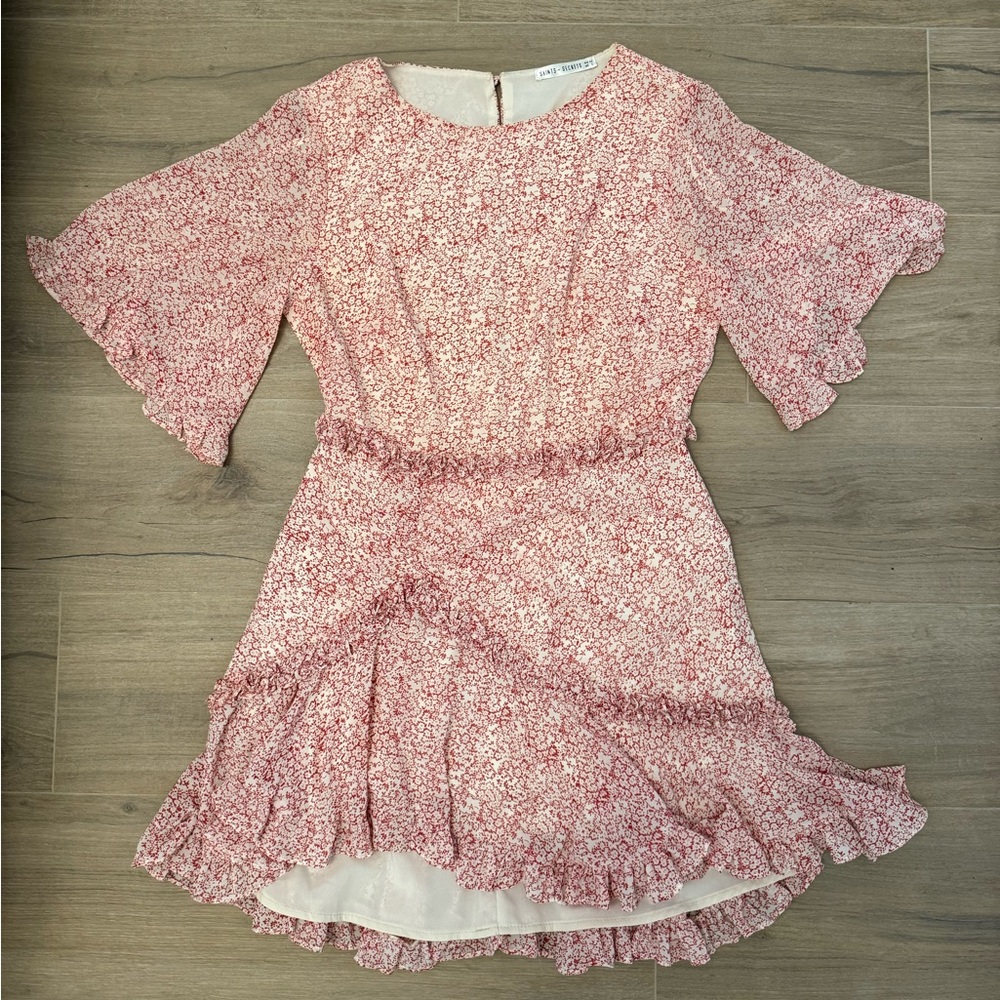 Red Printed Peplum Ruffled Mini Dress with Flutter Sleeves